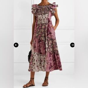 Ulla Johnson Zoya Ruffle Trim Ikat Midi Patchwork Dress in Fuchsia. Size 2